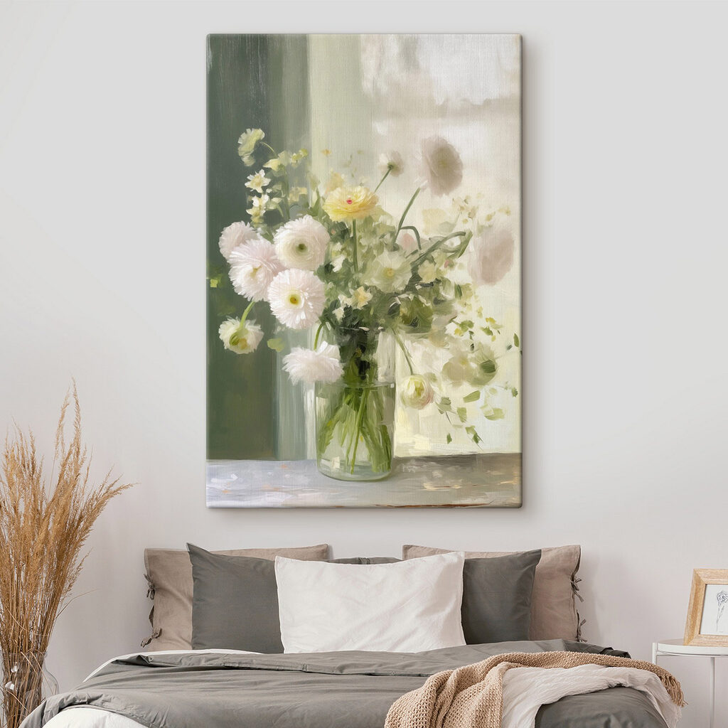 Bouquet of white and yellow flowers in a glass vase