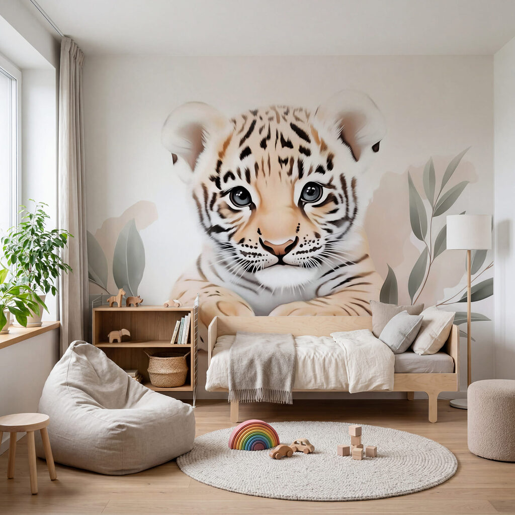 Cucciolo di tigre con delle foglie