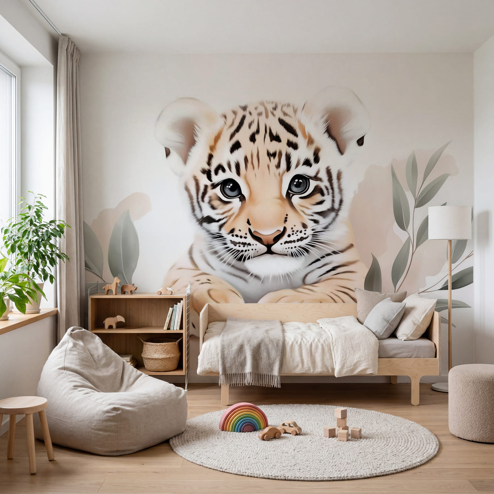 Cucciolo di tigre con delle foglie