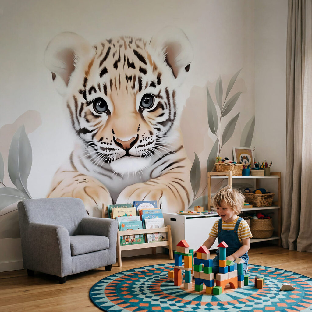 Cucciolo di tigre con delle foglie