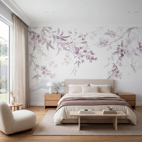 Dipinto raffigurante un ramo d'albero con fiori viola Dipinto raffigurante un ramo d'albero con fiori viola
