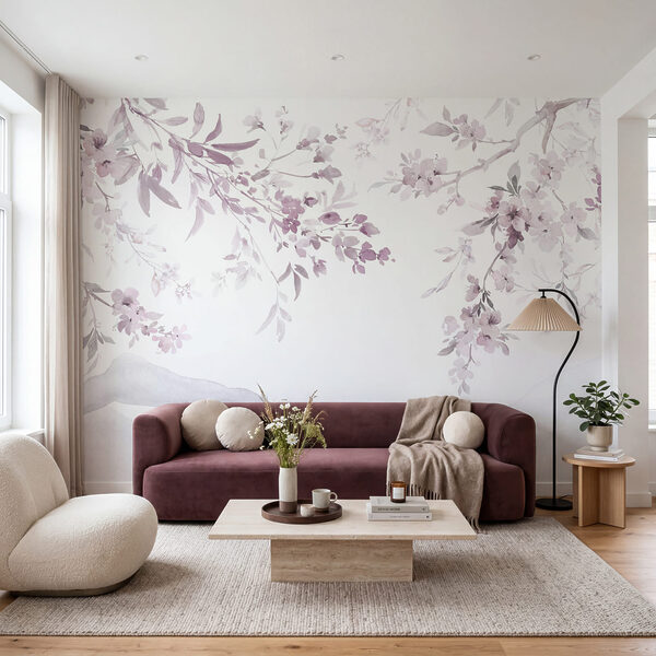 Dipinto raffigurante un ramo d'albero con fiori viola Dipinto raffigurante un ramo d'albero con fiori viola