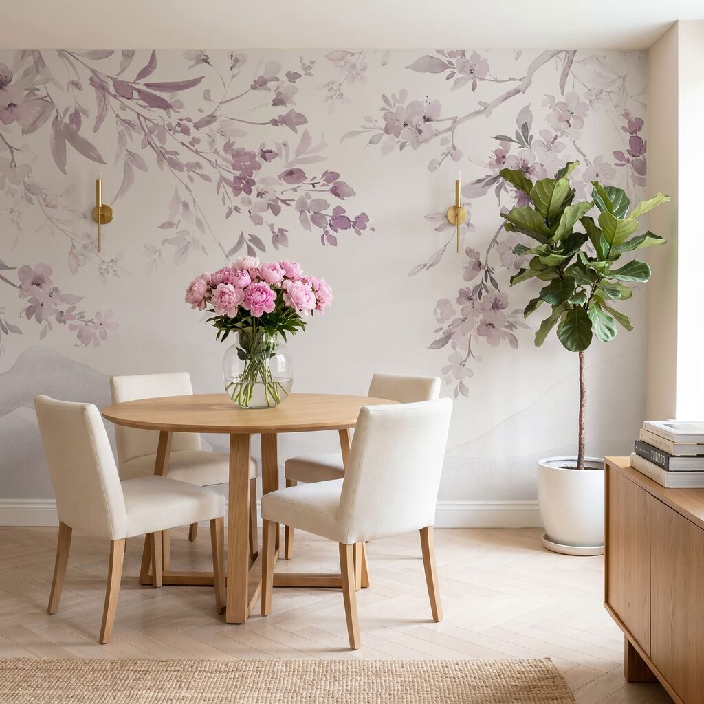 Dipinto raffigurante un ramo d'albero con fiori viola Dipinto raffigurante un ramo d'albero con fiori viola