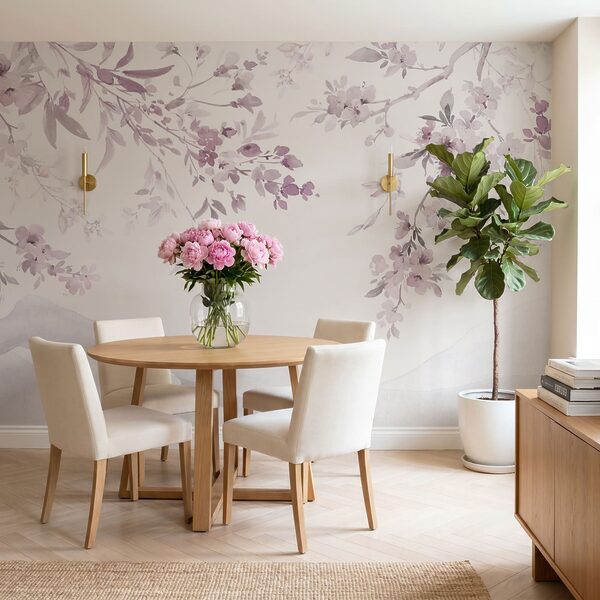 Dipinto raffigurante un ramo d'albero con fiori viola Dipinto raffigurante un ramo d'albero con fiori viola