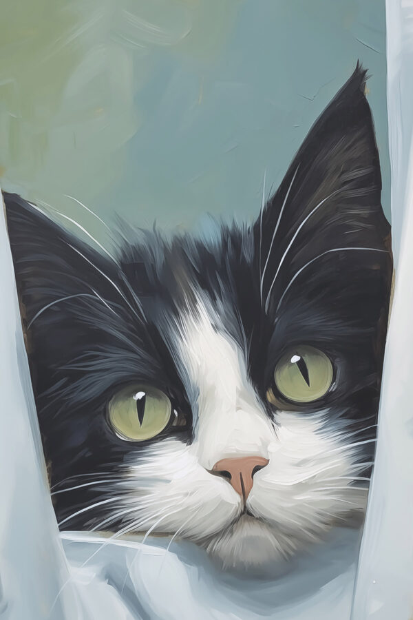 Cat looking out of a curtain