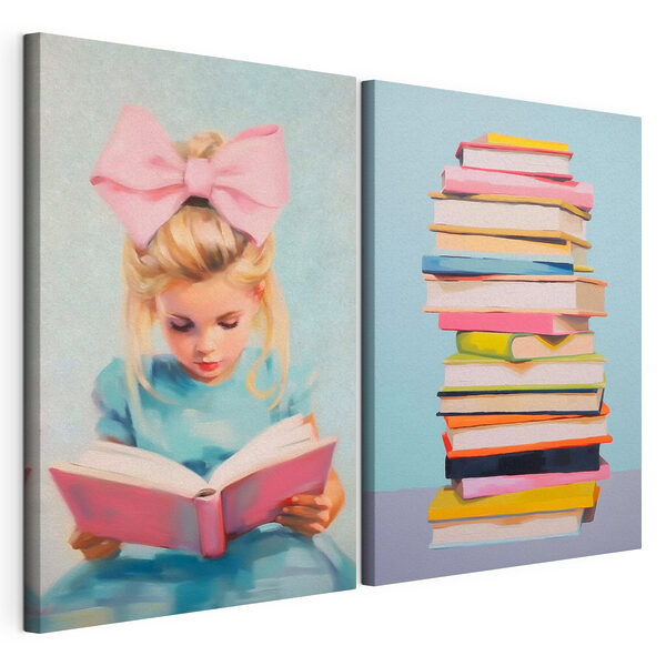 Una ragazza che legge un libro e una pila di libri Stampa su tela modulare Una ragazza che legge un libro e una pila di libri