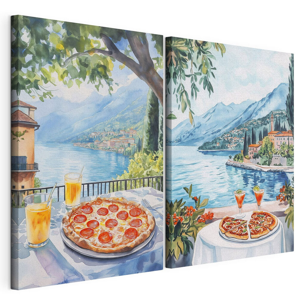 Watercolor painting of a table with pizzas and drinks on it Watercolor painting of a table with pizzas and drinks on it