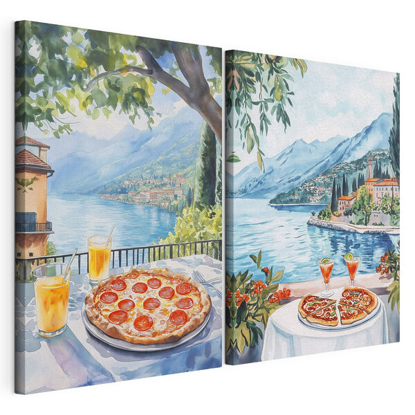 Stampa su tela modulare Acquerello raffigurante un tavolo con sopra delle pizze e delle bevande