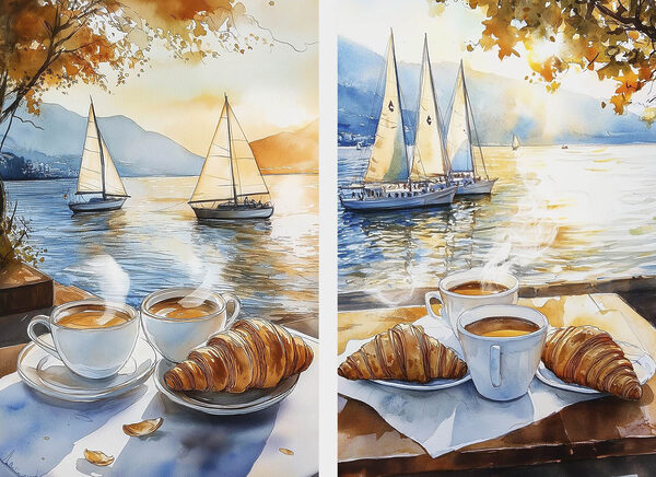 Watercolor painting of a couple of cups of coffee and croissants on a table with boats in the background