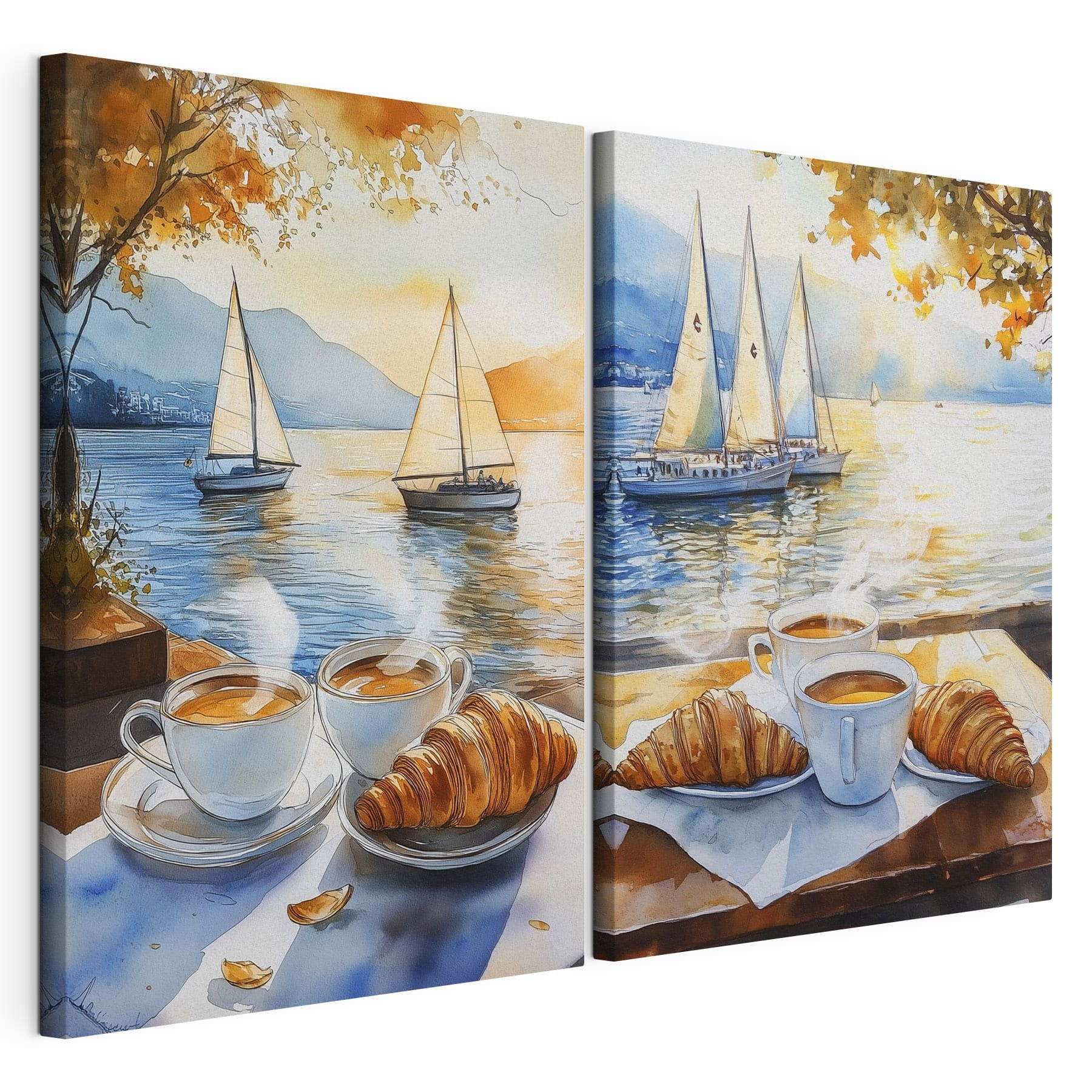 Watercolor painting of a couple of cups of coffee and croissants on a table with boats in the background