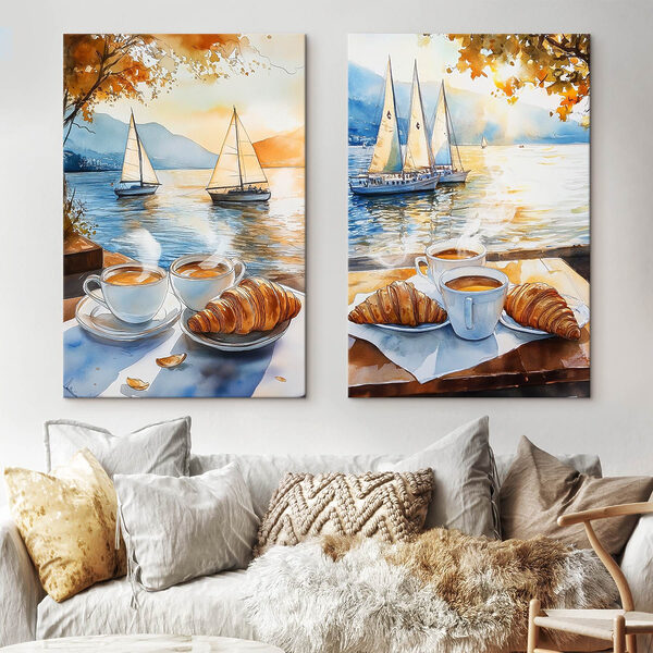 Watercolor painting of a couple of cups of coffee and croissants on a table with boats in the background