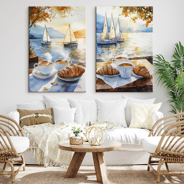 Watercolor painting of a couple of cups of coffee and croissants on a table with boats in the background
