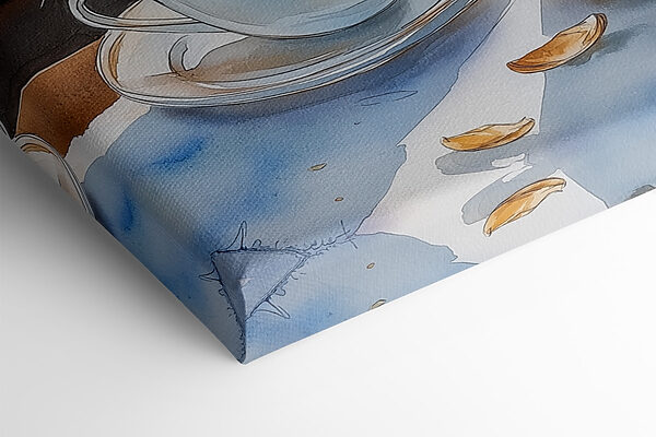 Watercolor painting of a couple of cups of coffee and croissants on a table with boats in the background