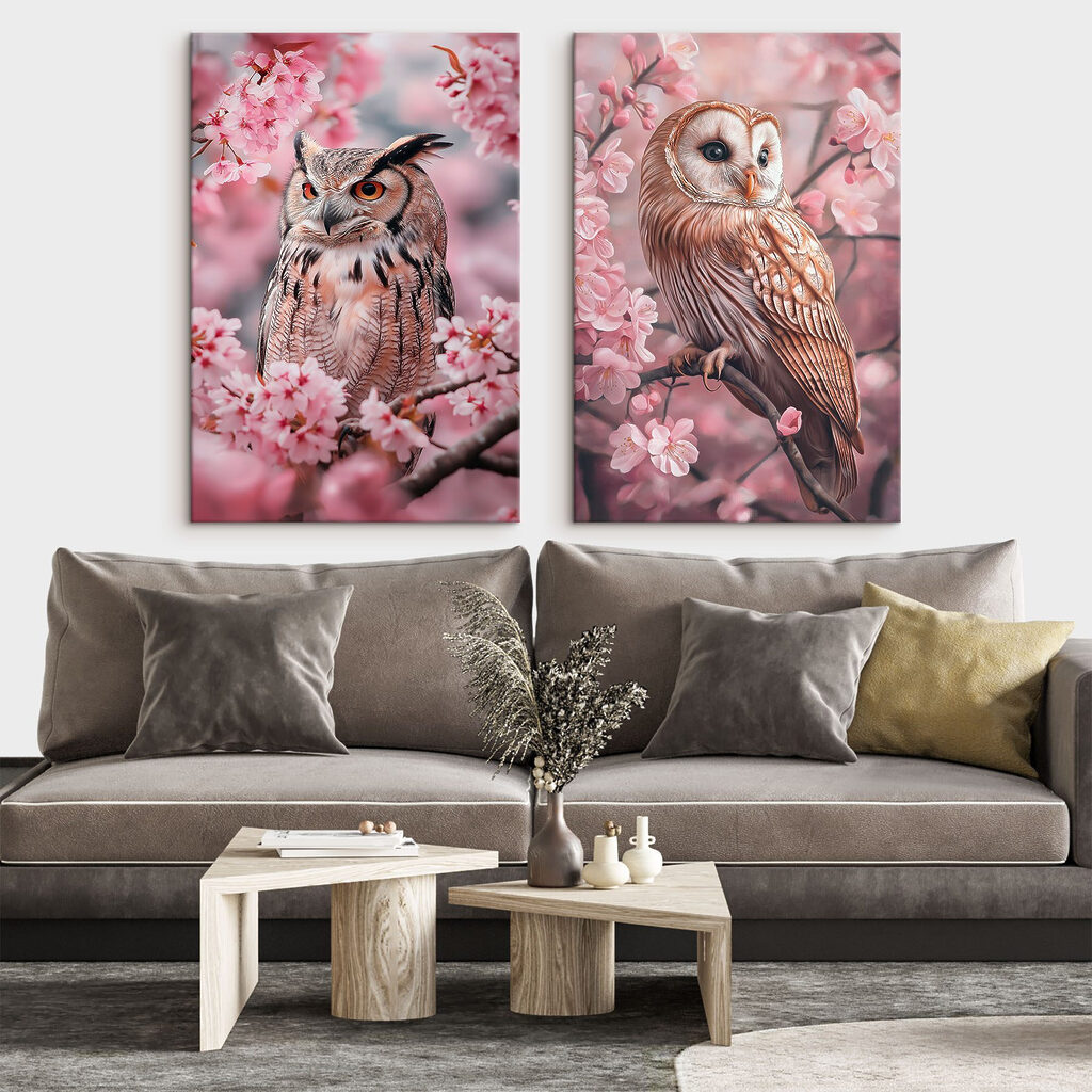 Collage of owls on a tree branch Collage of owls on a tree branch