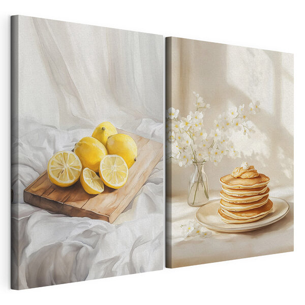 Limoni su un tagliere e una pila di pancake Stampa su tela modulare Limoni su un tagliere e una pila di pancake