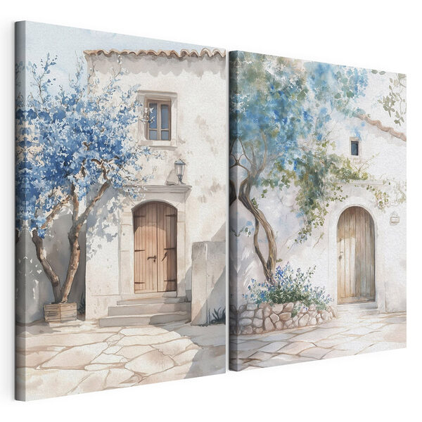 Acquerello raffigurante una casa con una porta e un ingresso Stampa su tela modulare Acquerello raffigurante una casa con una porta e un ingresso