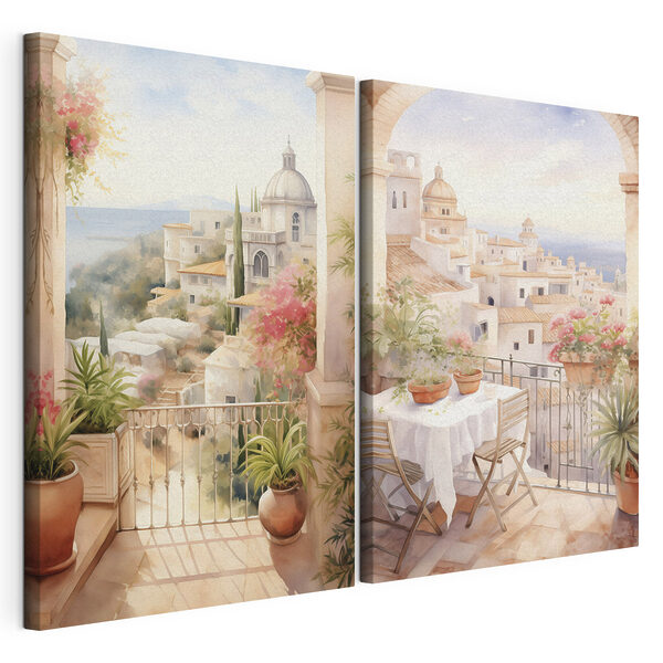 Dipinto raffigurante un balcone con tavolo e sedie e un balcone con vista sulla città Stampa su tela modulare Dipinto raffigurante un balcone con tavolo e sedie e un balcone con vista sulla cittÃ