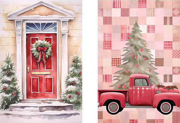 Red truck and a red door with a wreath and a red truck Red truck and a red door with a wreath and a red truck