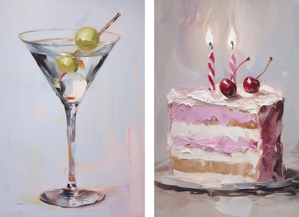 Painting of a cake and a martini glass with fruit on it Painting of a cake and a martini glass with fruit on it