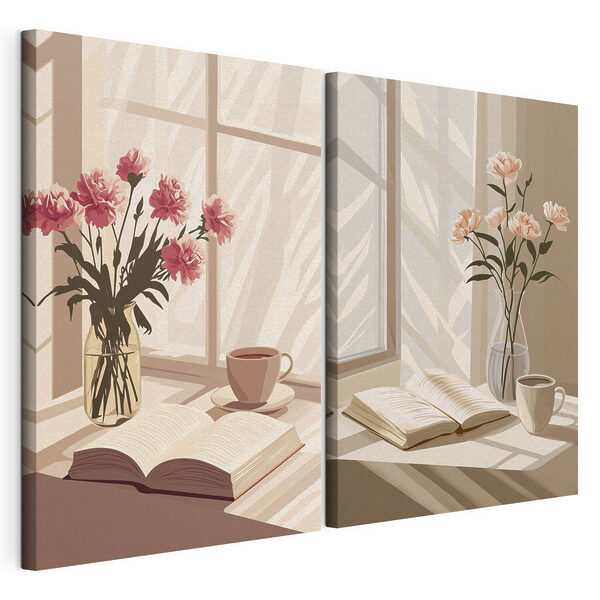 Un vaso di fiori e un libro sul davanzale della finestra Stampa su tela modulare Un vaso di fiori e un libro sul davanzale della finestra