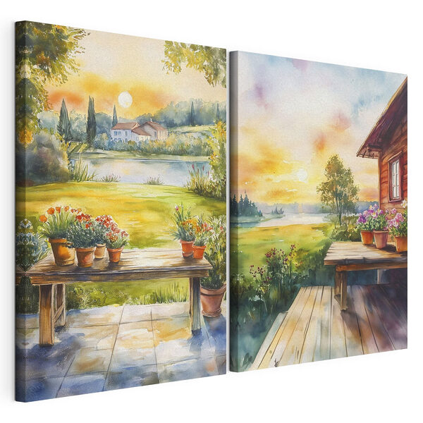 Acquerello raffigurante una casa e un tavolo con dei fiori Stampa su tela modulare Acquerello raffigurante una casa e un tavolo con dei fiori