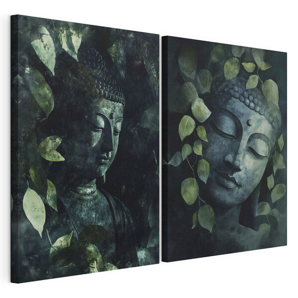 Buddha sereno immerso in una vegetazione rigogliosa Stampa su tela modulare Buddha sereno immerso in una vegetazione rigogliosa
