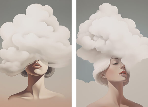 Woman with white hair and clouds on her head Woman with white hair and clouds on her head
