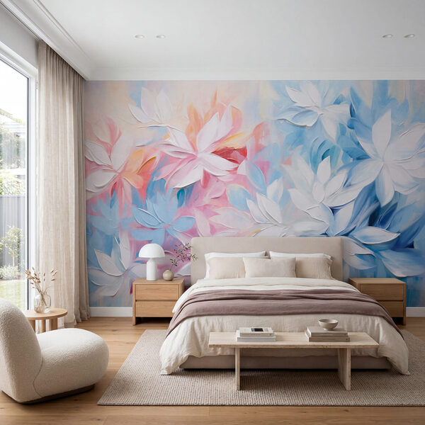 Dipinto raffigurante fiori con foglie bianche e blu
