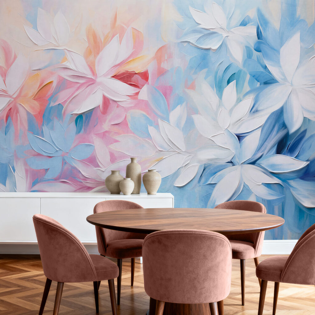 Dipinto raffigurante fiori con foglie bianche e blu