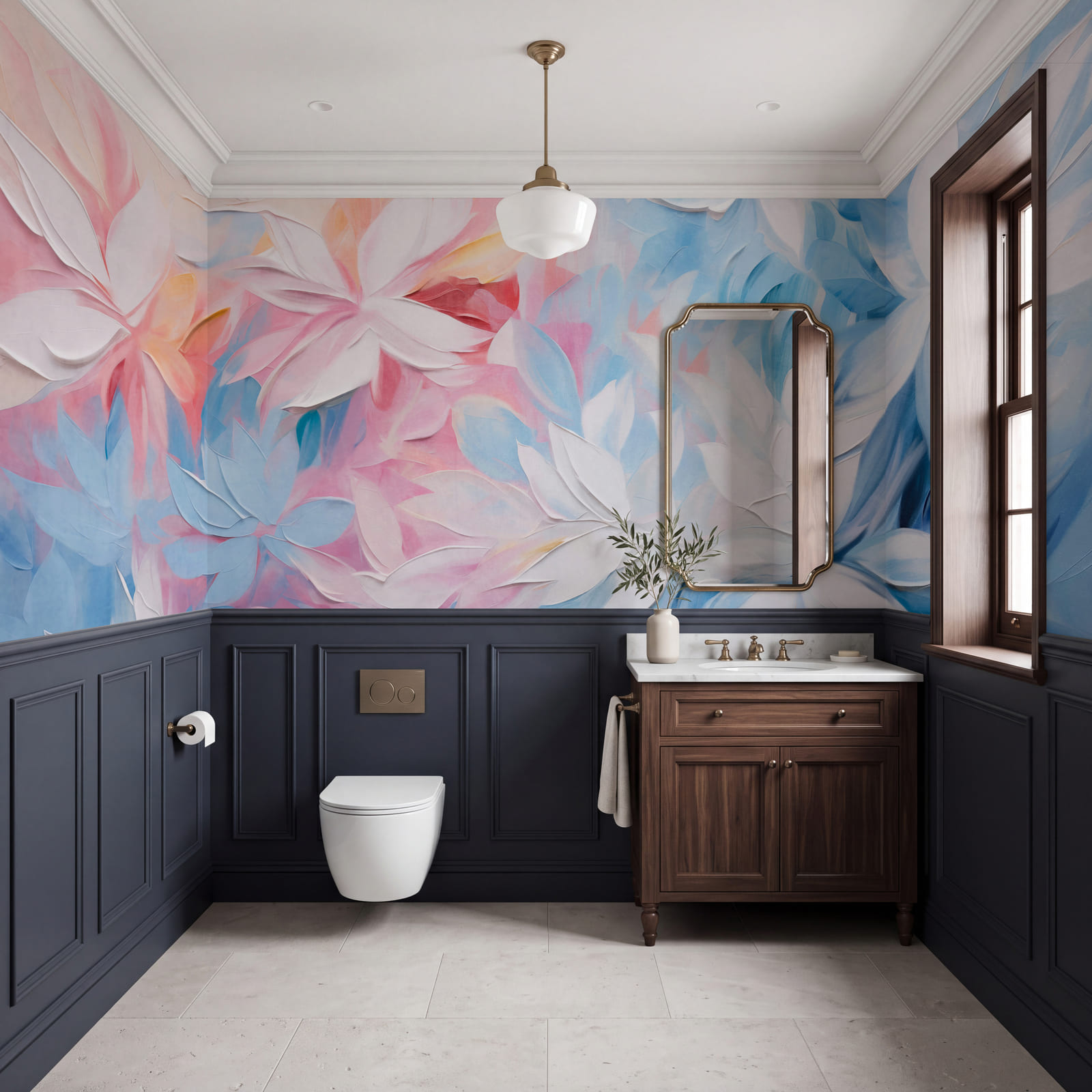 Dipinto raffigurante fiori con foglie bianche e blu