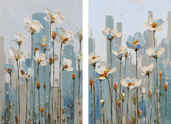 Painting of flowers in a city