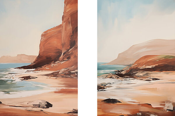 Painting of a beach and a rocky cliff Painting of a beach and a rocky cliff