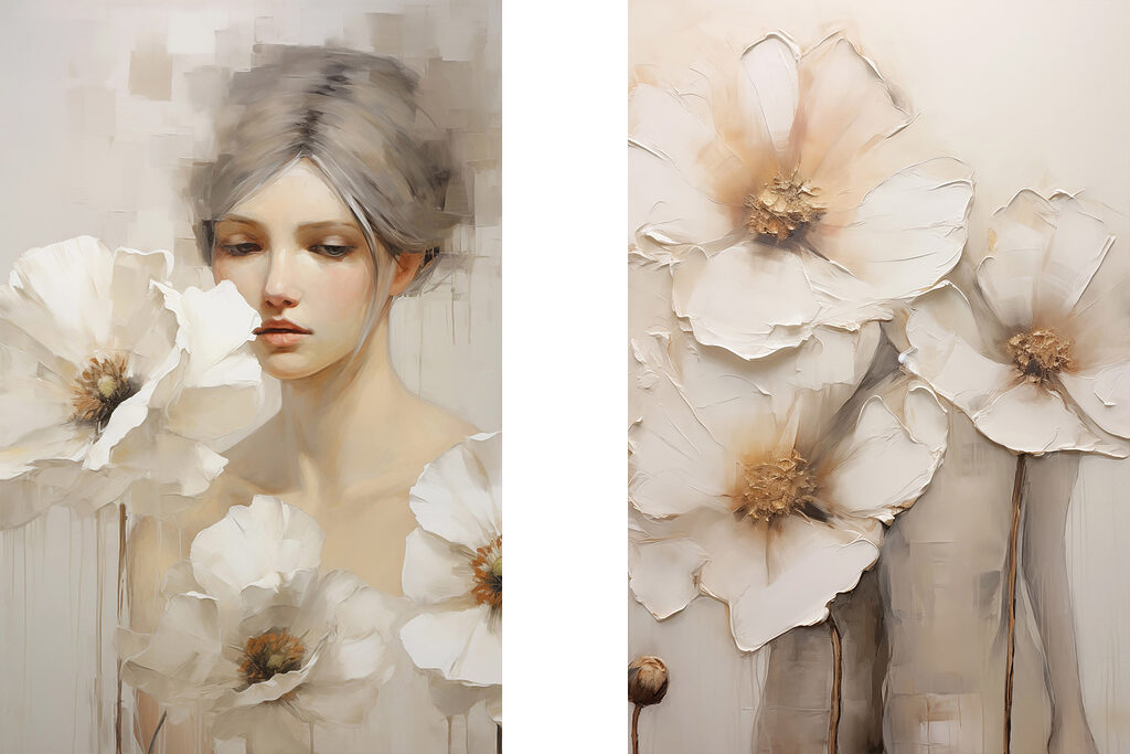 Painting of a woman with white flowers