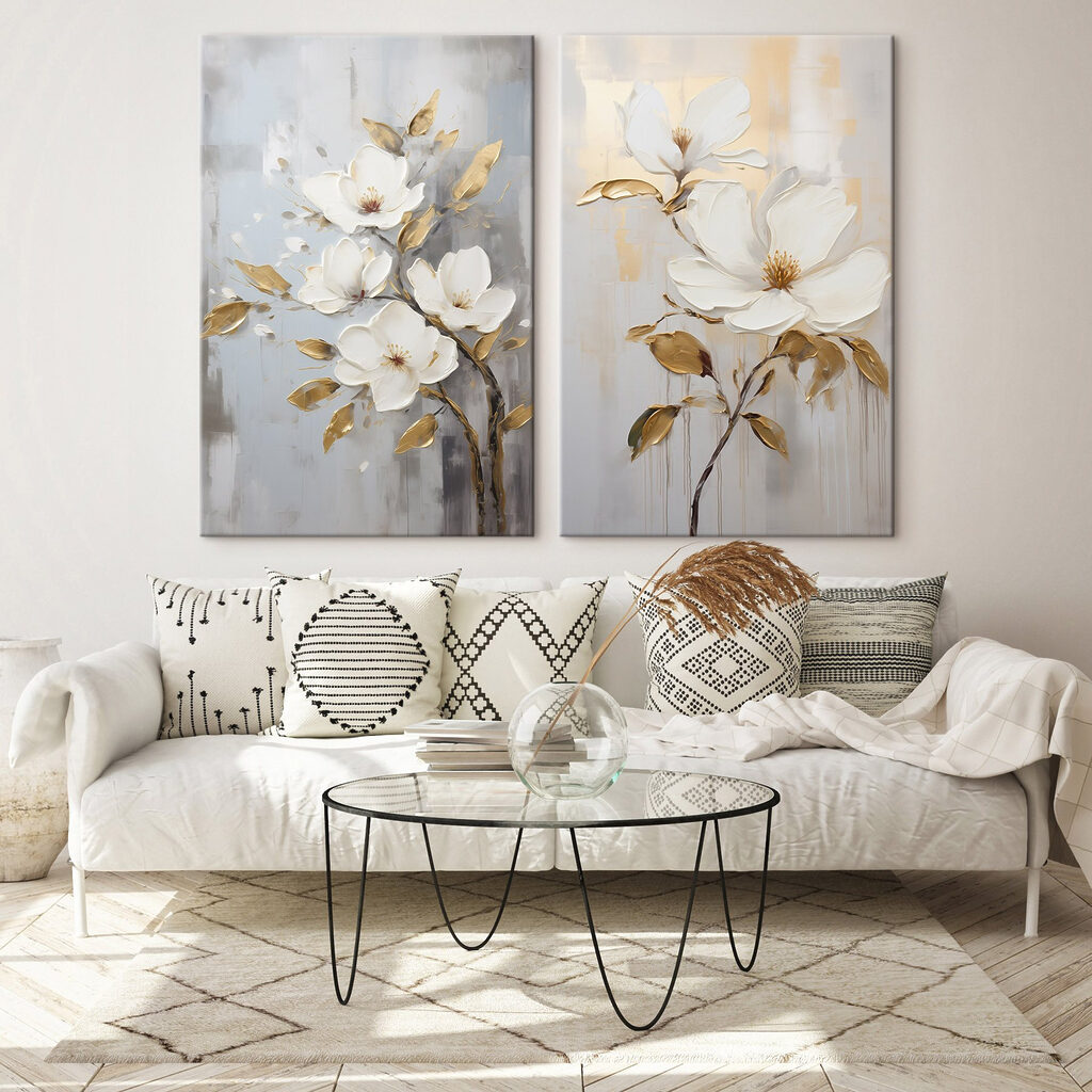 Two paintings of flowers on a gray background Two paintings of flowers on a gray background