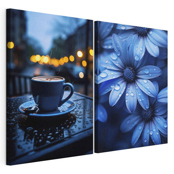 Una tazza di caffè su un tavolo con dei fiori Stampa su tela modulare Una tazza di caffè su un tavolo con dei fiori