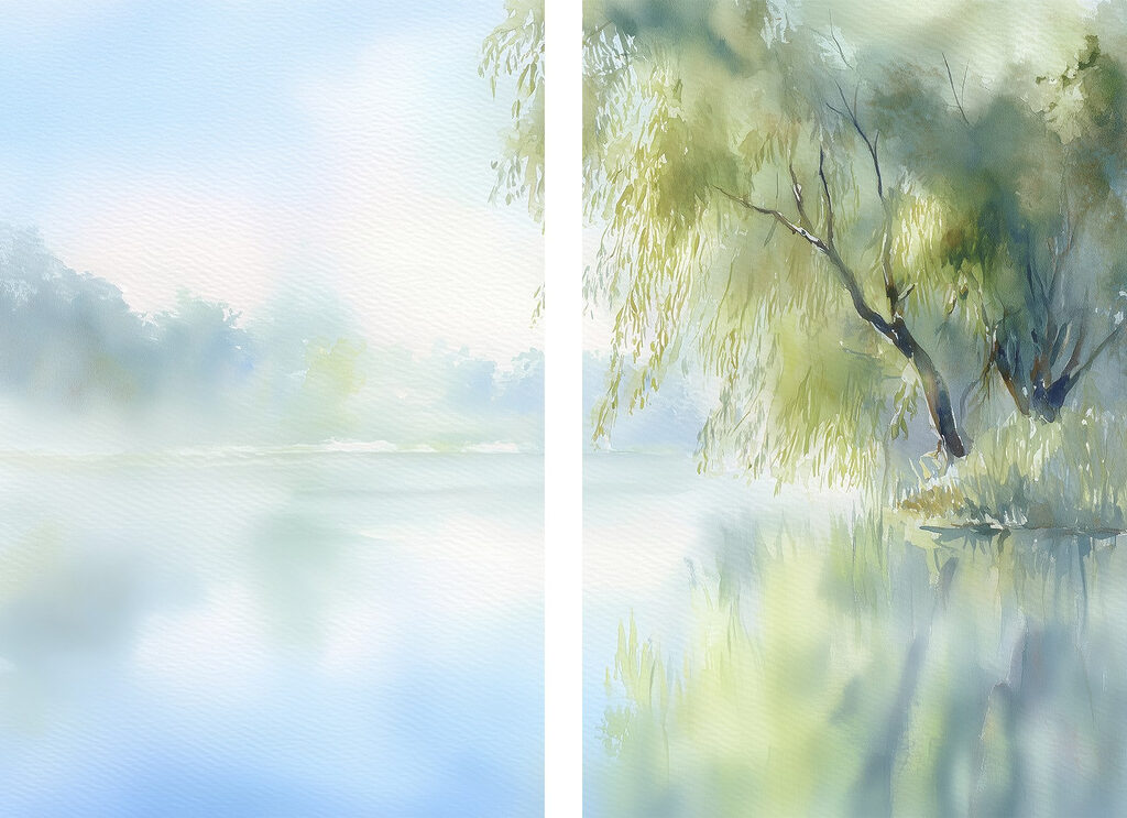 Watercolor painting of a tree and a lake Watercolor painting of a tree and a lake