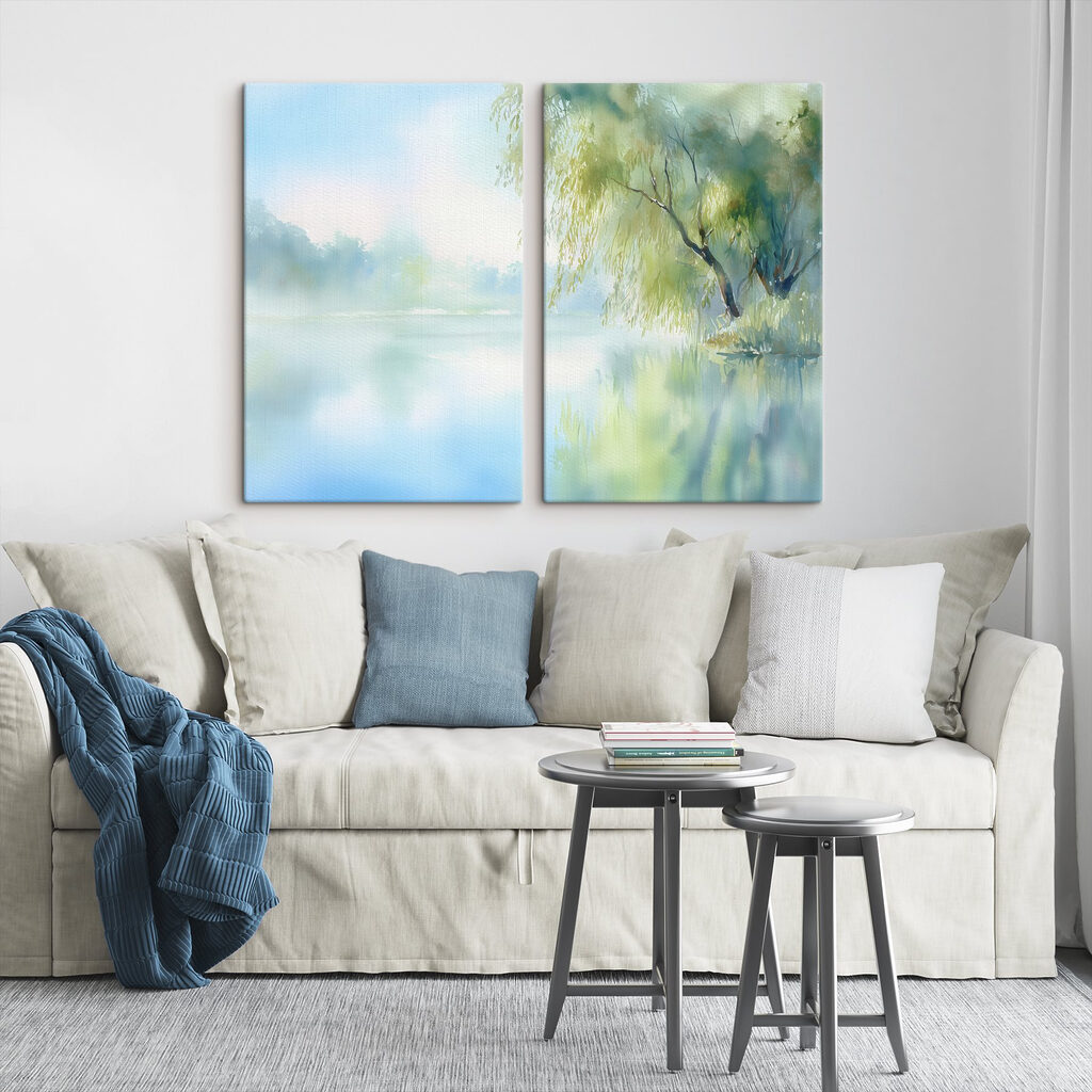 Watercolor painting of a tree and a lake Watercolor painting of a tree and a lake
