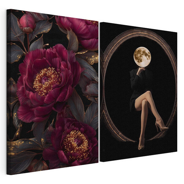 Collage raffigurante una donna seduta su un fiore Stampa su tela modulare Collage raffigurante una donna seduta su un fiore
