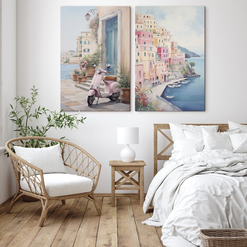 Painting of a pink scooter parked next to a pink building