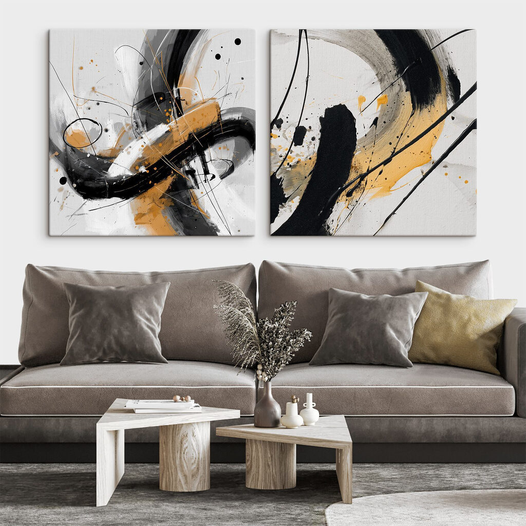 Two art pieces of black and yellow paint Two art pieces of black and yellow paint
