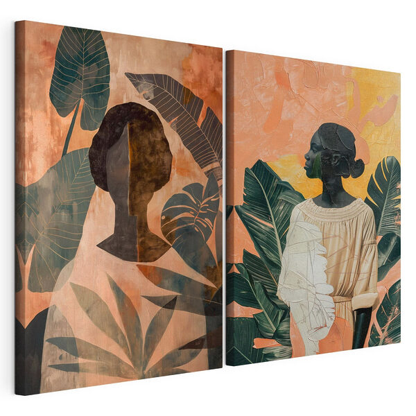 Collage di dipinti raffiguranti una donna e una donna con delle foglie Stampa su tela modulare Collage di dipinti raffiguranti una donna e una donna con delle foglie