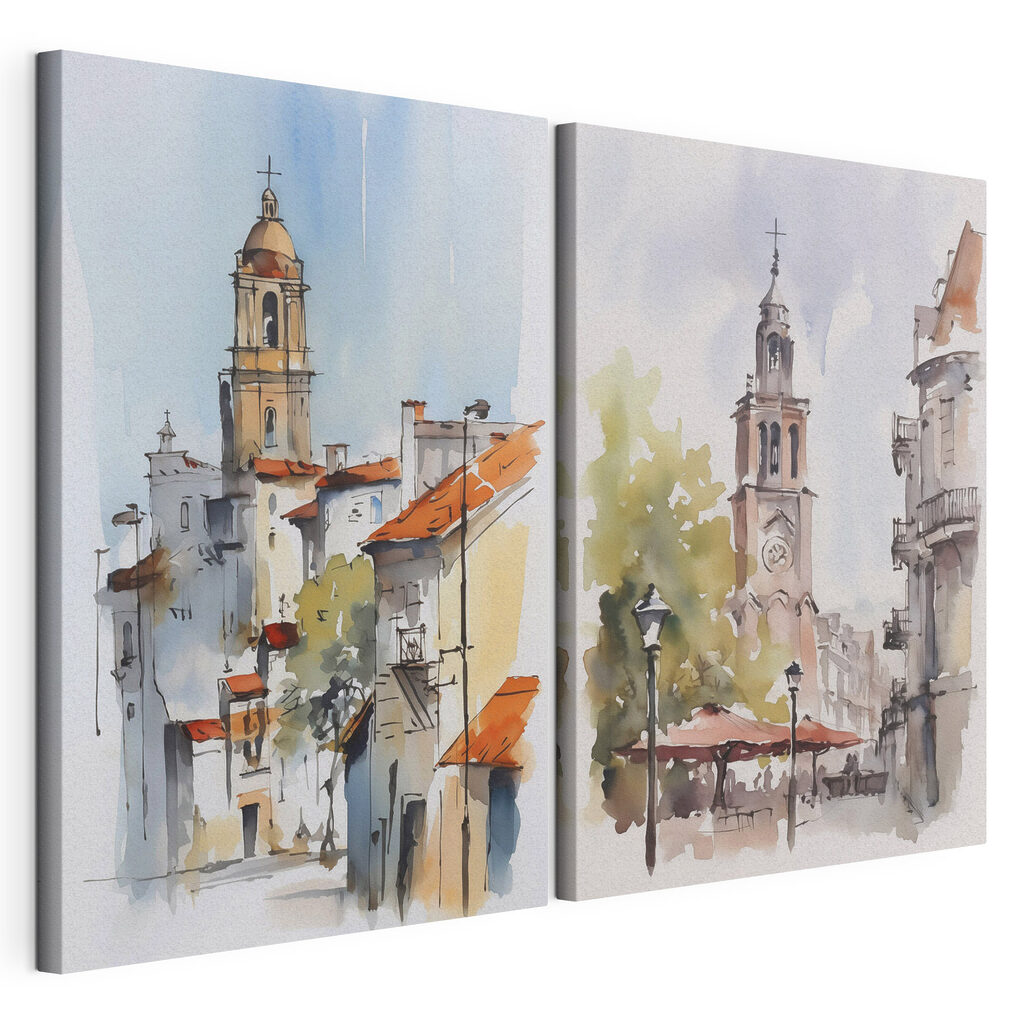 Watercolor of a church and a building Watercolor of a church and a building