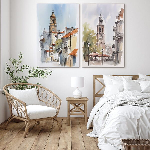 Watercolor of a church and a building Watercolor of a church and a building
