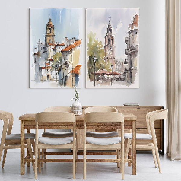 Watercolor of a church and a building Watercolor of a church and a building