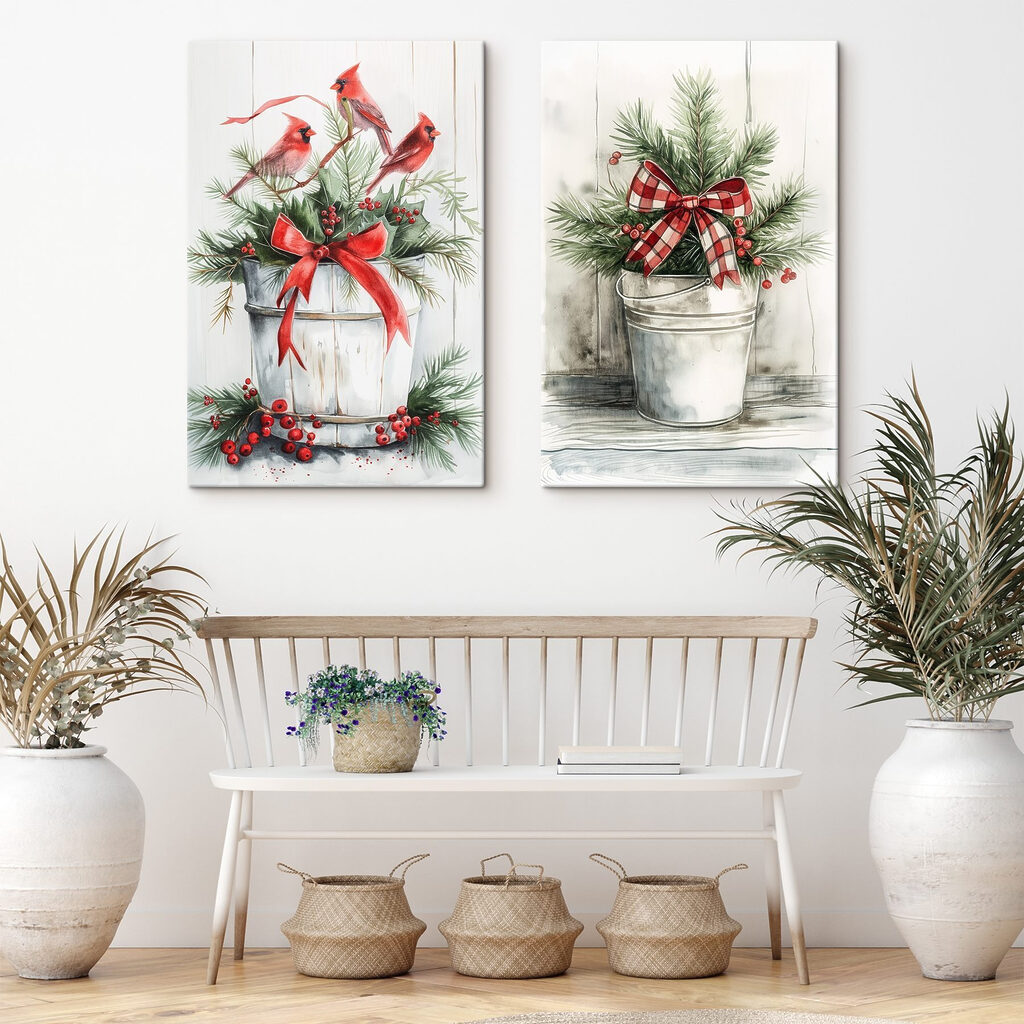 Two watercolor paintings of birds and a bucket of plants Two watercolor paintings of birds and a bucket of plants