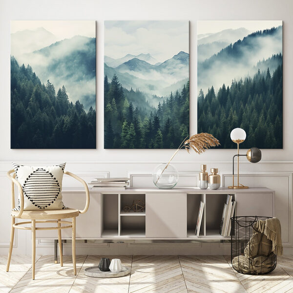 Group of mountains with trees and fog Group of mountains with trees and fog
