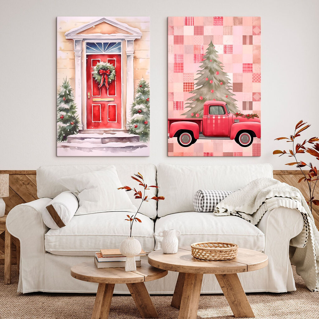 Red truck and a red door with a wreath and a red truck Red truck and a red door with a wreath and a red truck