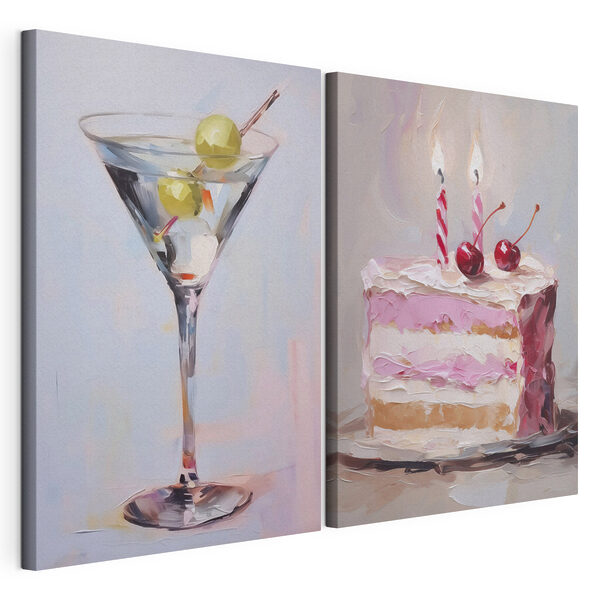 Dipinto raffigurante una torta e un bicchiere da martini con della frutta all’interno Stampa su tela modulare Dipinto raffigurante una torta e un bicchiere da martini con della frutta all’interno