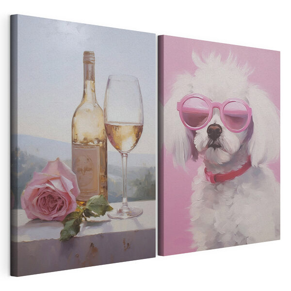 Dipinto raffigurante un cane e un bicchiere di vino Stampa su tela modulare Dipinto raffigurante un cane e un bicchiere di vino