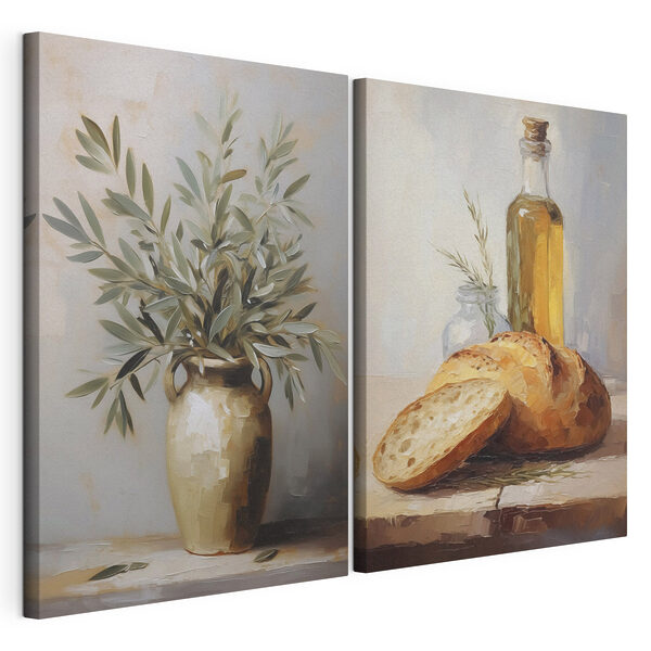 Dipinto raffigurante del cibo e un vaso di olio d’oliva Stampa su tela modulare Dipinto raffigurante del cibo e un vaso di olio d’oliva